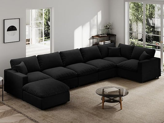 Modern Sectional Linen Couch for Living Room V-Shape Sofas,7 Seat Modular Cloud Sofas,Couches Cushion Covers Removable,Cozy Feather Down Sofa for Apartment Black