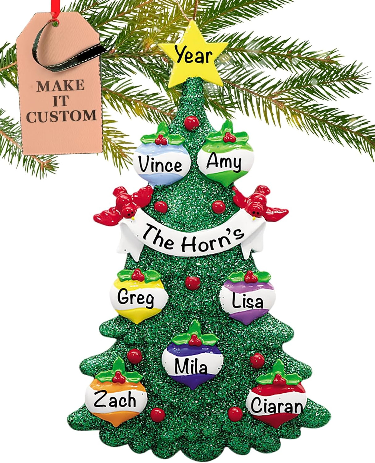 Personalized Family of 7 Ornament 2025 | Free 24h Customization | Christmas Ornaments for Tree | Custom Gift Wrapped Green Glitter Keepsake for Seven Persons