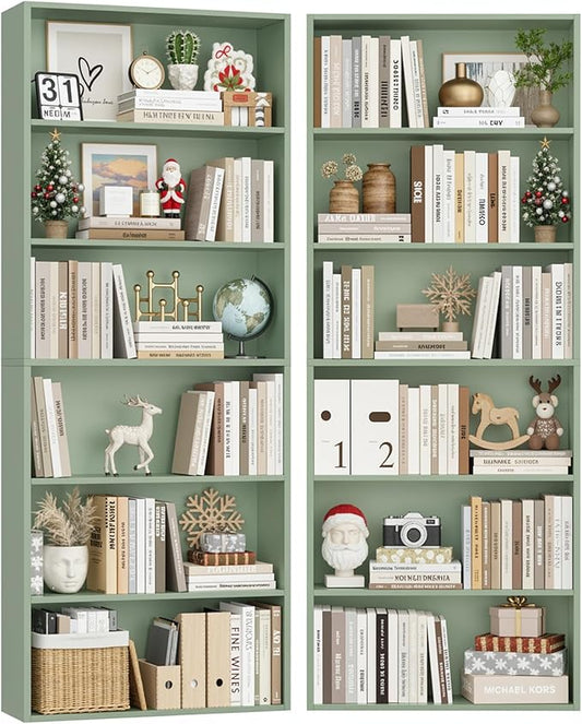 FOTOSOK 70.8" Tall Bookcase Shelf, 6 Tier Wide Bookshelf with Storage, Billy Bookcase Set of 2, Large Bookshelf for Living Room, Home Office,Green