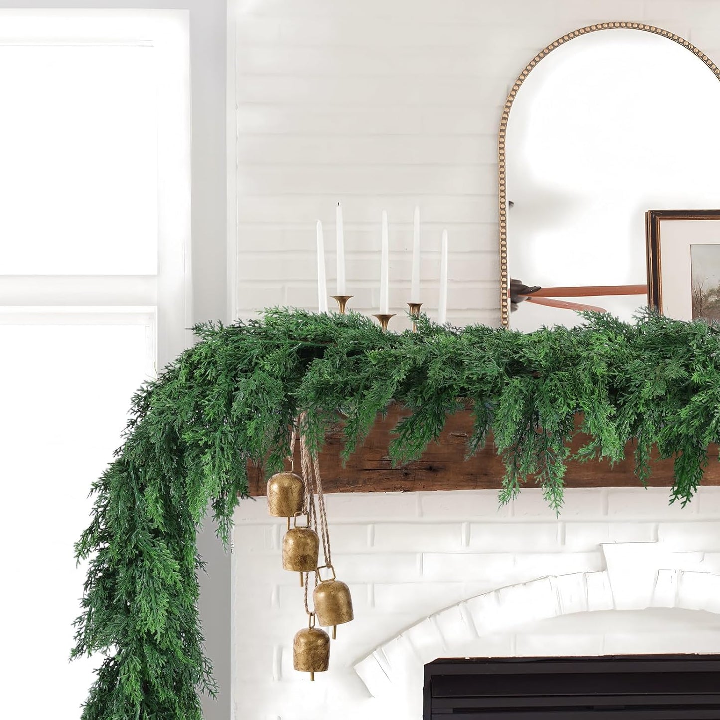 Hananona 6 FT 2 Pcs Artificial Cedar Garlands, Real Touch Winter Cedar Garland, Green Artificial Greenery Pine Garland for Table, Mantle, Wall, Indoor, Outdoor Christmas Decorations (2, 6 FT)