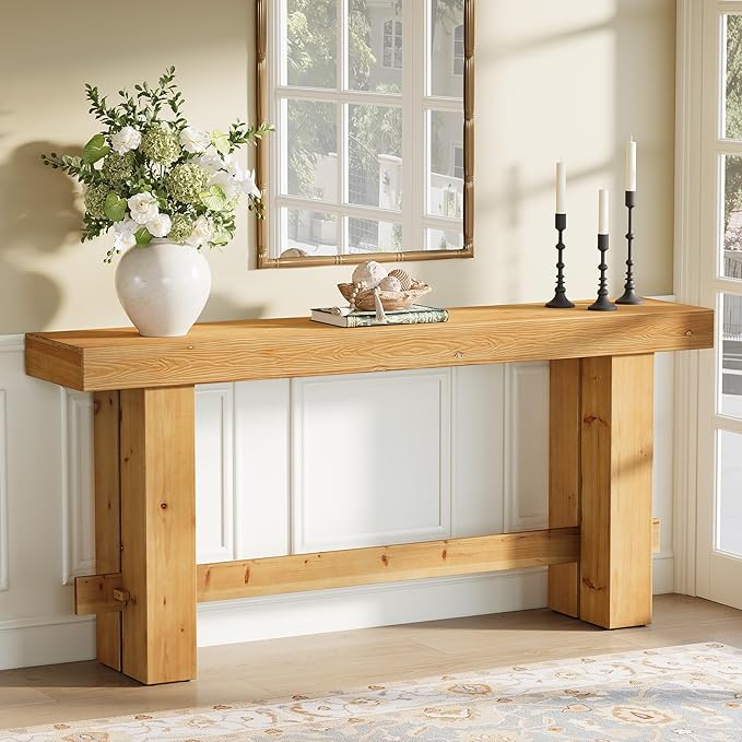 Tribesigns Console Table, 63" Solid Wood Farmhouse Sofa Table with Storage for Living Room, Narrow Entryway & Hallway Accent Table Behind Couch, Natural Wood Finish