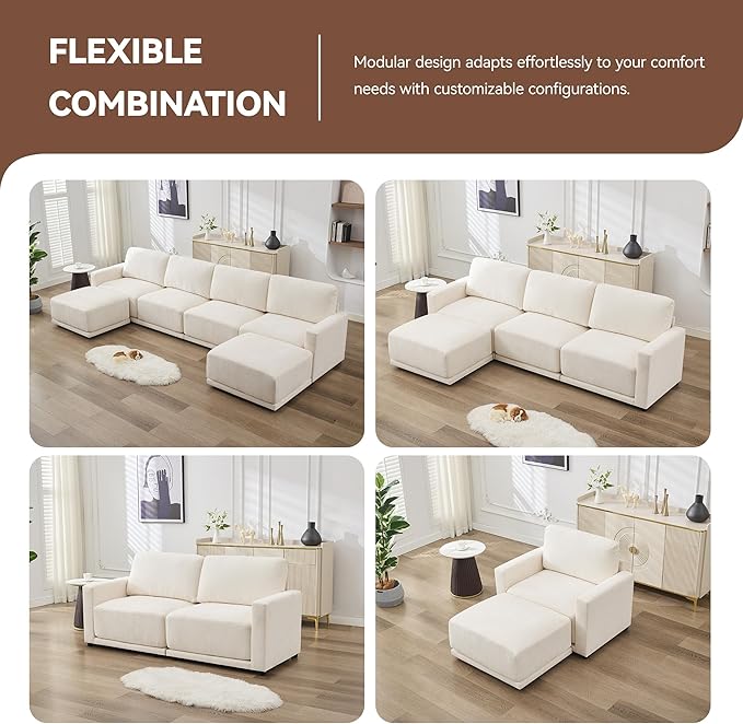 110.6" L-Shaped Modular Sectional Sofa Modern Chenille Comfy Couch with Thickened Seat Cushions, Easy Assembly, Upholstered 4 Seater Couch with Movable Ottoman for Living Room, White