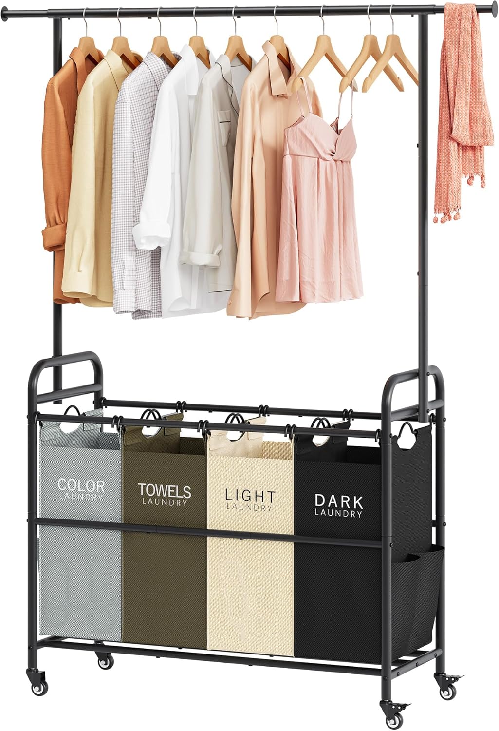 Tajsoon Laundry Sorter Cart with Hanging Clothes Rack, 4 Butler Sorter Basket Organizer, Laundry Hamper Cart with Heavy Duty Rolling Lockable Wheels, 4 Colors
