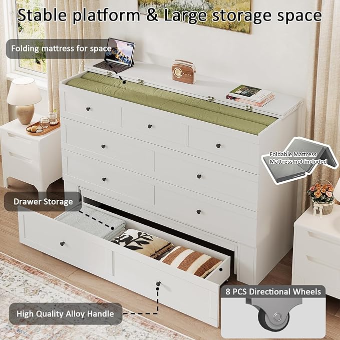 Queen Murphy Bed with Storage & Charging Station, Murphy Cabinet with Foldable Panel, Noisy Free, for Guest Bedroom, Living Room, Office, Distressed White