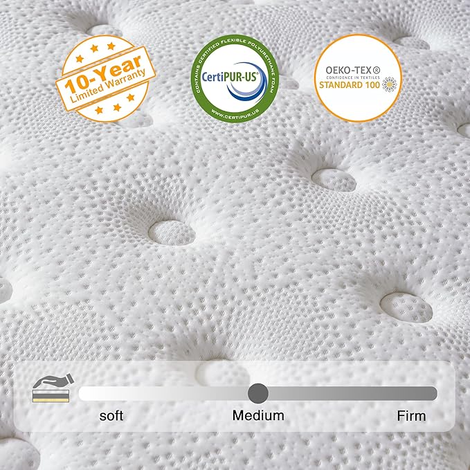 Queen Mattress, 14 Inch Hybrid Mattress in a Box, Memory Foam and Individual Pocket Springs, Fiberglass Free, Soft and Breathable, Medium Firm Feel