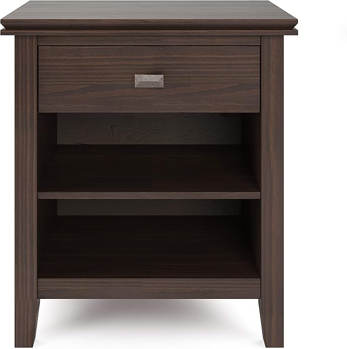 SIMPLIHOME Artisan Bedside Table - 24 inch Wide Solid Wood Nightstand Table in Warm Walnut Brown, Contemporary Bedroom Side or End Table with 1 Drawer, Open Shelf Storage and Bronze Knobs