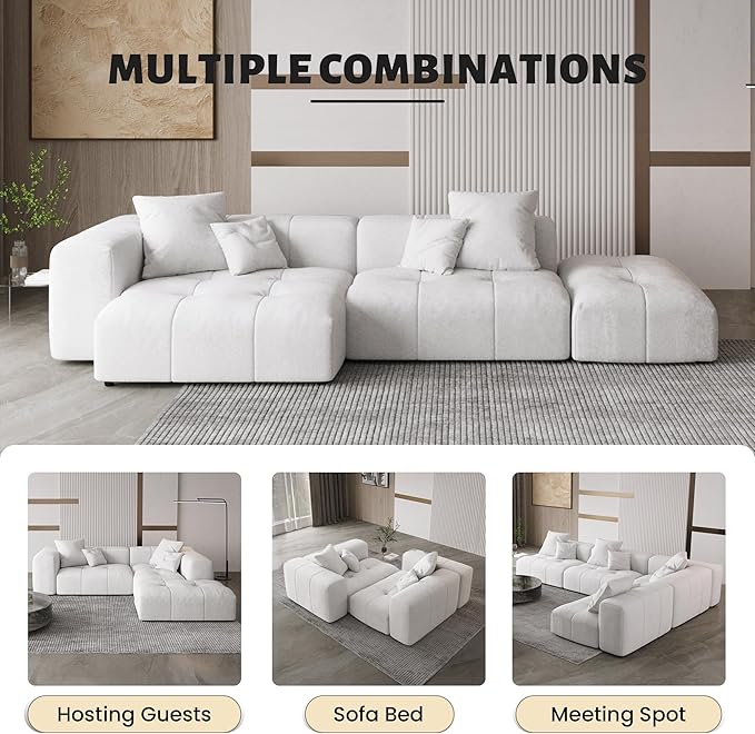 WJShome Oversized Modular Sectional Sofa, V Shaped Couch with Ottoman,Sectional Couches for Living Room,Large Linen Deep Seat with Pillow Couches for Home,Spacious Space,White