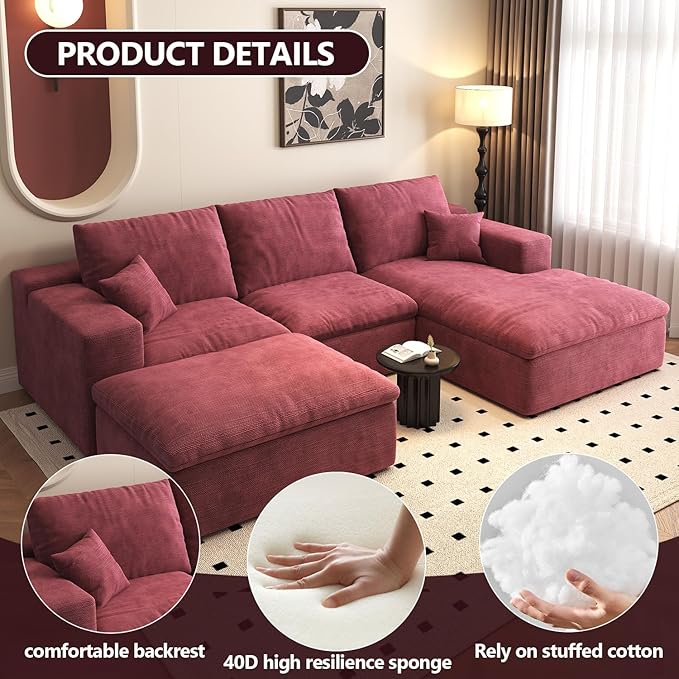 107'' U-Shaped Modern Modular Sectional Cloud Couch Whit Ottoman, 4-Seat Chenille Deep-Seat Sofa with Pillow for Living Room, Bedroom, Apartment, Wine Red
