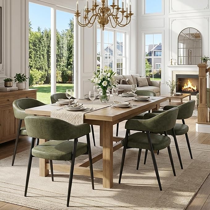 HNY Modern Dining Room Arm Chairs Set of 6, Green Retro Faux Leather Upholstered Barrel Dining Chairs with Arms Mid-Century Accent Chair with Metal Legs, Open-Back Kitchen Side Chairs for Living Room