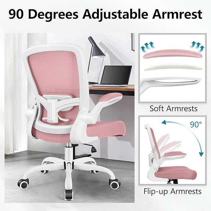 FelixKing Office Chair, Ergonomic Desk Chair Breathable Mesh Chairs Adjustable High Back Lumbar Support Flip-up Armrests, Executive Rolling Swivel Comfy Computer Chairs Home Office Rose Quartz