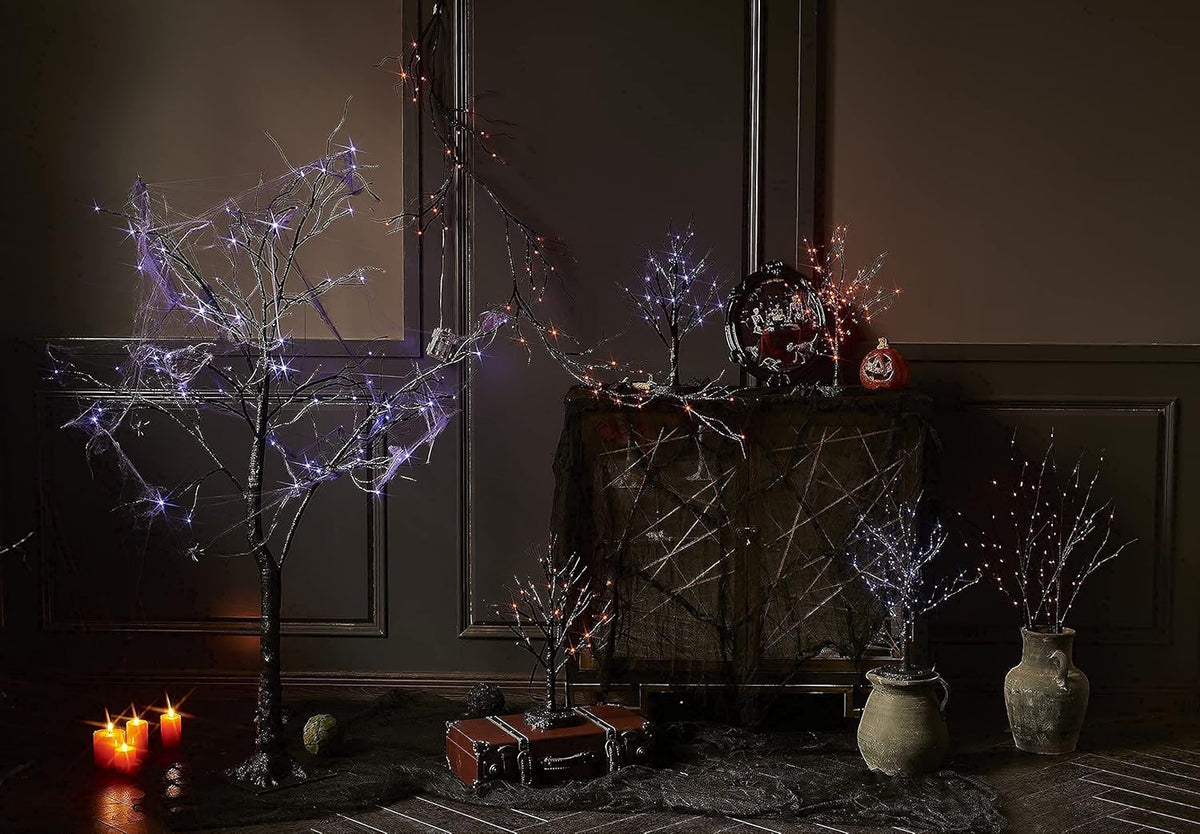 LITBLOOM Lighted Spooky Halloween Tree with Timer Battery Operated or USB Plug in, Pre-lit Black Glittered Tabletop Tree with Orange Lights 24L 18IN for Halloween Home Party Decoration Indoor