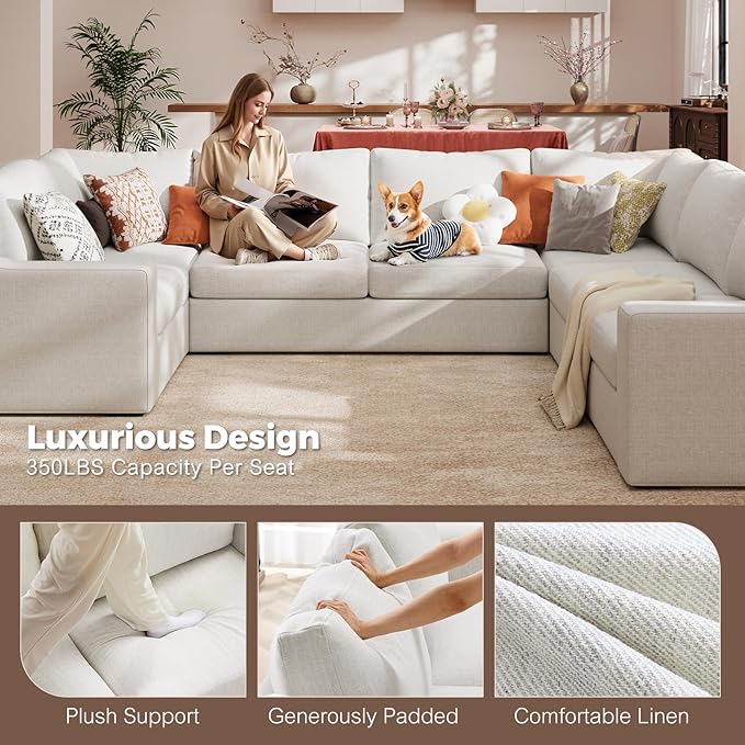 ABCASA U Shaped Sectional Sofa with Detachable Cover, Modular Couch for Living Room, Breathable Linen Fabric Corner Couch with 11 Seats, Ivory