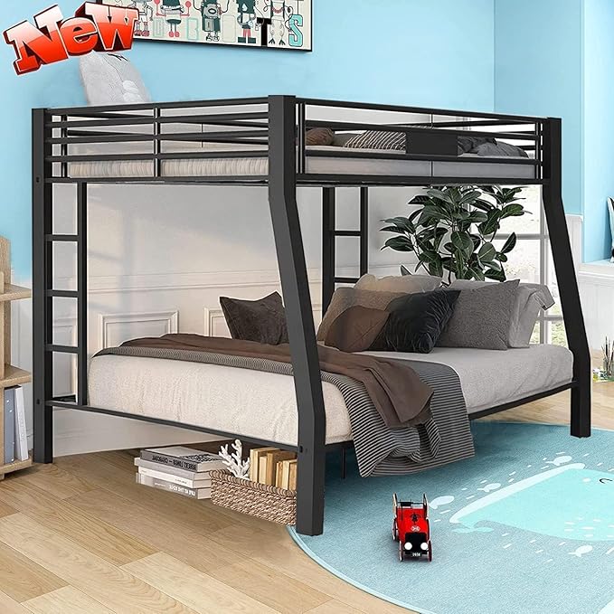 DOONREXS Industrial Style Heavy Duty Metal Queen Bunk Bed, Full XL Over Queen Size with Ladders and Guard Rail, Easy Assembly