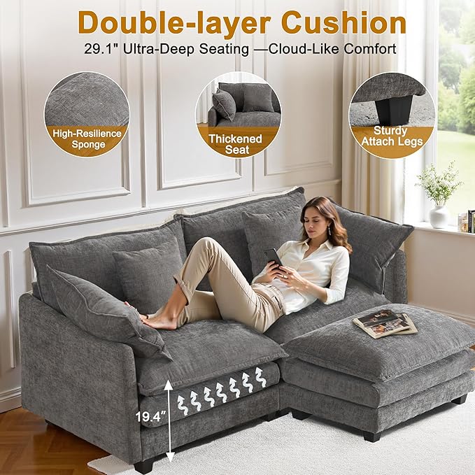 Cloud Chenille L-Shaped Sofa with Ottoman, 77" Space Saving Sectional Loveseat with Chaise, for Small Spaces, Easy Assembly, 1YR Warranty