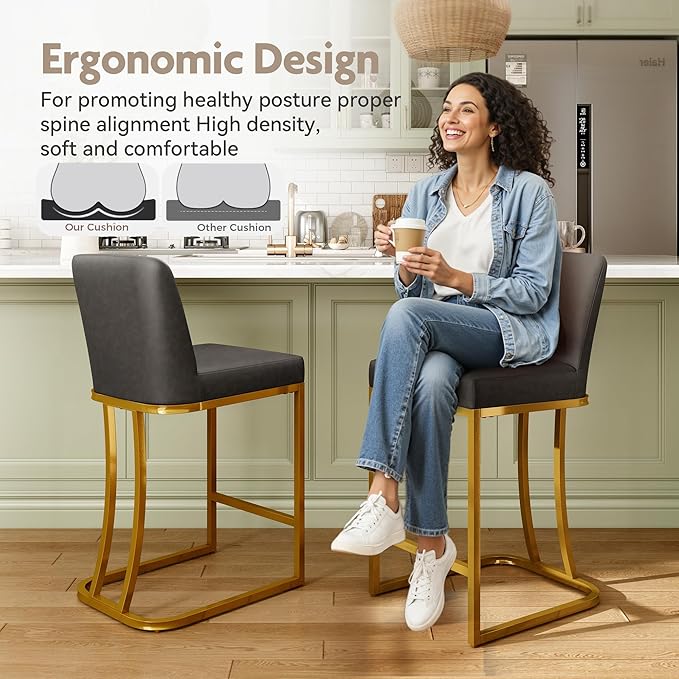 MAISON ARTS Counter Height Bar Stools with Back Set of 4 for Kitchen Counter, 24 Inch Modern Upholstered Faux Leather Barstools Farmhouse Bar Chairs Luxury Island Stools Support 330LBS, Grey & Gold