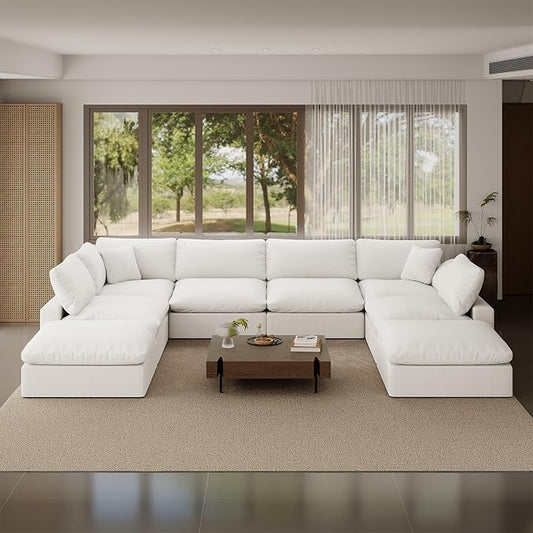 246.7" Oversized Cloud Modular Sectional Sofa,8 Seat Down Filled Sofa,Comfy Deep Seat Couch with Reversible Chaise & Cushions,Couch Cover Washable and Replaceable,White