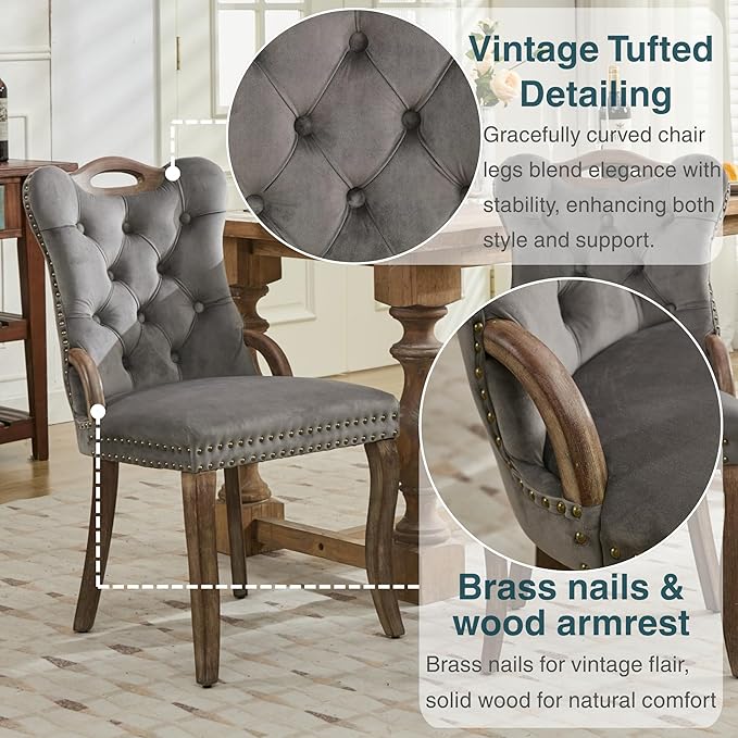 Velvet Dining Chairs Set of 4, Solid Wood Handles, Wooden Upholstered Dining Chair, Vintage Copper Nail Decoration, Mid Century Modern Kitchen Chair (Grey, Set of 4)