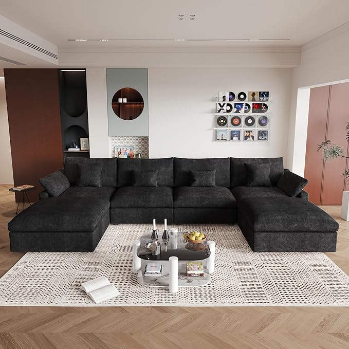 JACH U-Shaped Sectional Couches for Living Room, Cloud Sectional Couch with Deep Seat, 155.9" Modular Sofa with Chaise, Covers Removeable & Washable, Sofas Furniture for Living Room, Black