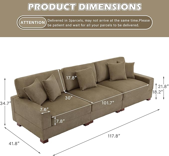Modular Sectional Couches for Living Room, 118" Modern Upholstered 3-Seater Sofa Couche for Living Room Bedroom, Camel