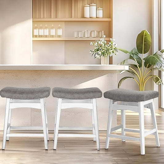 ALPHA HOME Bar Stools Set of 3, Solid Wood Saddle Kitchen Stools with Grey PU Leather Cushion Counter Height Barstools with Wooden Base for Kitchen Dining Cafe, 24 Inch, Grey, 3PCS