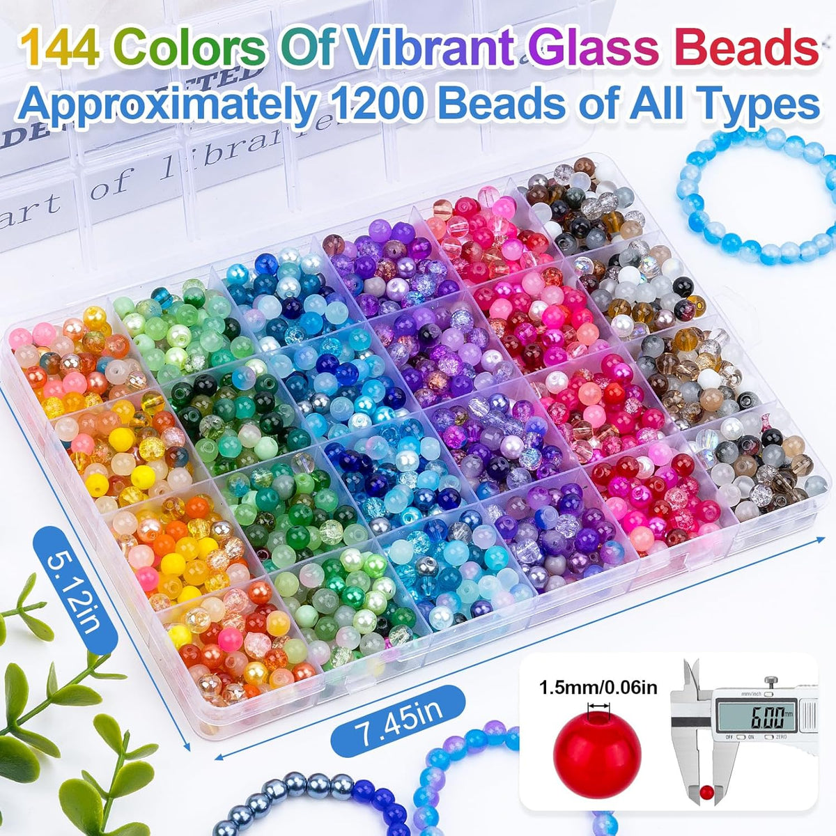 XSEINO About 1200PCS 6mm Glass Beads Bracelet Making Set, 144 Color Colorful Round Style Glass Beads for Bracelet and Jewelry Making and DIY Crafts,Friendship Bracelets