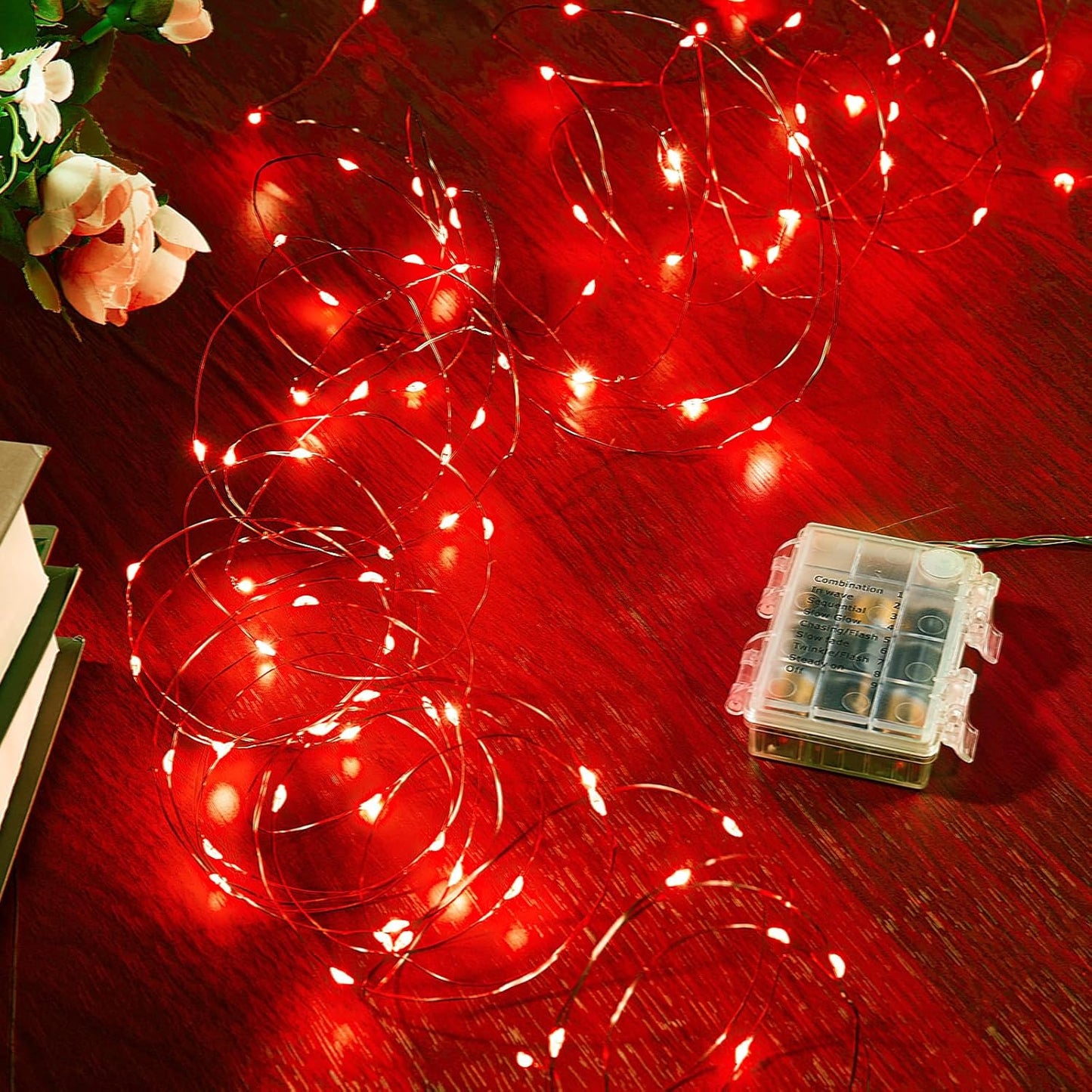 2 Pack 16.4 Ft. Battery Operated Outdoor String Lights with Remote & Timer, LED Red Fairy Lights, Waterproof Twinkle Lights for Bedroom, Dorm, Mason Jar, Wedding, Party, Christmas