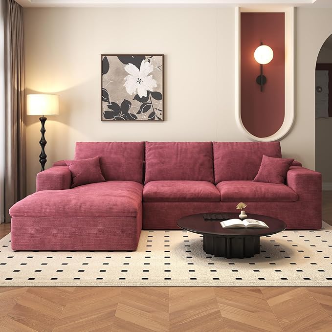 107'' L-Shaped Modern Modular Sectional Cloud Couch, 4-Seat Chenille Deep-Seat Sofa with Pillow for Living Room, Bedroom, Apartment, Wine Red