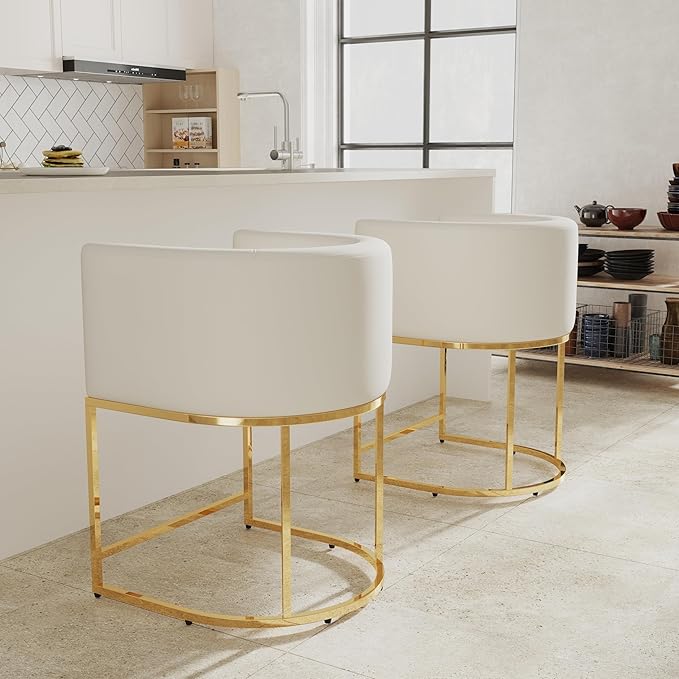 Contemporary Cream Velvet Bar Stools Set of 2, 24" Upholstered Fabric Counter Height Barstools Kitchen Counter Island Stools with Screwed Together Golden Metal Base