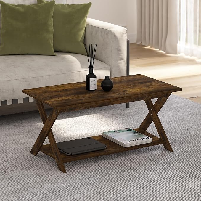 Furinno Modern Simplistic Coffee Table, Rectangle Modern Coffee Table with X-Legs, Criss-Crossed Side Table, for Living Room, Bedroom, Home Office, Amber Pine