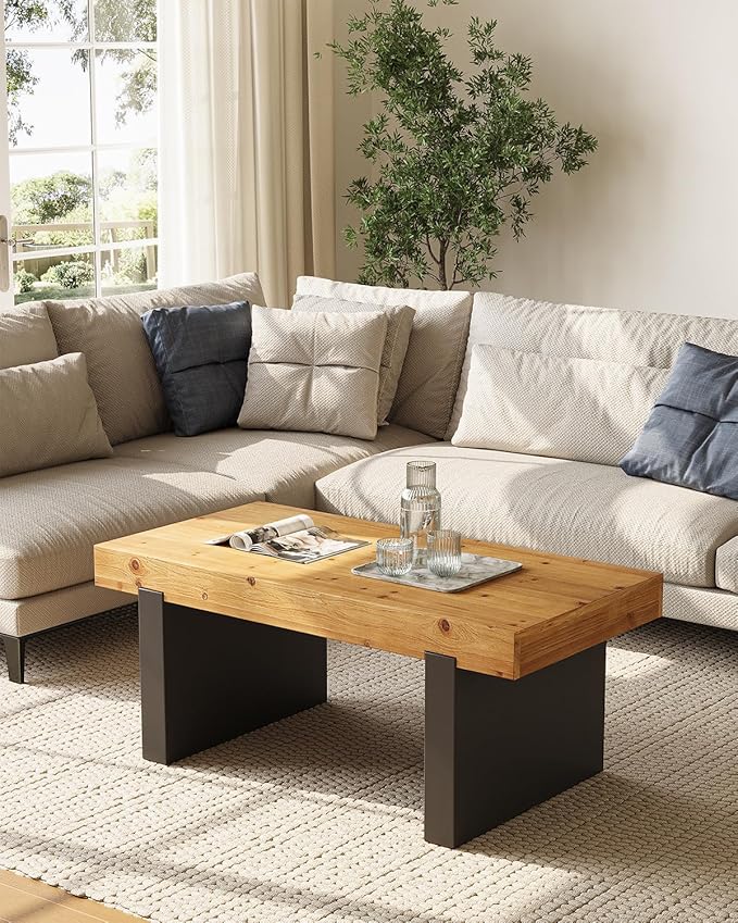 LITTLE TREE Solid Wood Coffee Table, 47.2" Center Table for Living Room, Black and Wood Two-Tone Modern Coffee Table, Rectangle Farmhouse Living Room Table for Bedroom, Easy Assembly, Rustic Natural