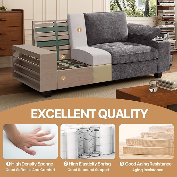 74" Loveseat Couch for Living Room,Modern Chenille Upholstered Sofa with Adjustable Storage Armrest Cup Holders,USB & Type-C Ports,Solid Wood 2-Seater Loveseat Sofa for Apartment(Deep Gray)