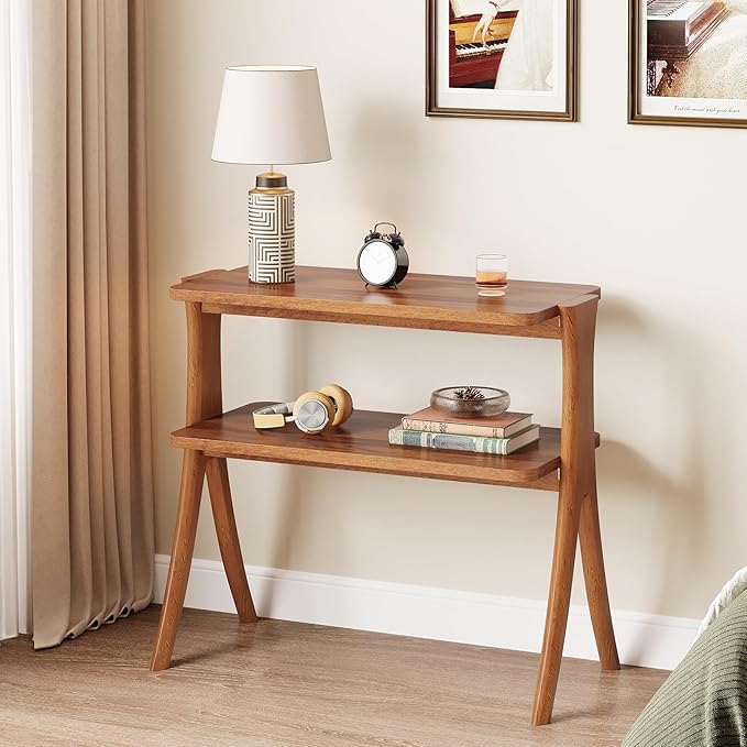 Tribesigns Walnut Side Table for Living Room, Narrow End Table with 2-Tier Storage Shelf and Solid Wood Legs, Slim Modern Bedside Table Nightstand for Bedroom, Small Spaces (1)