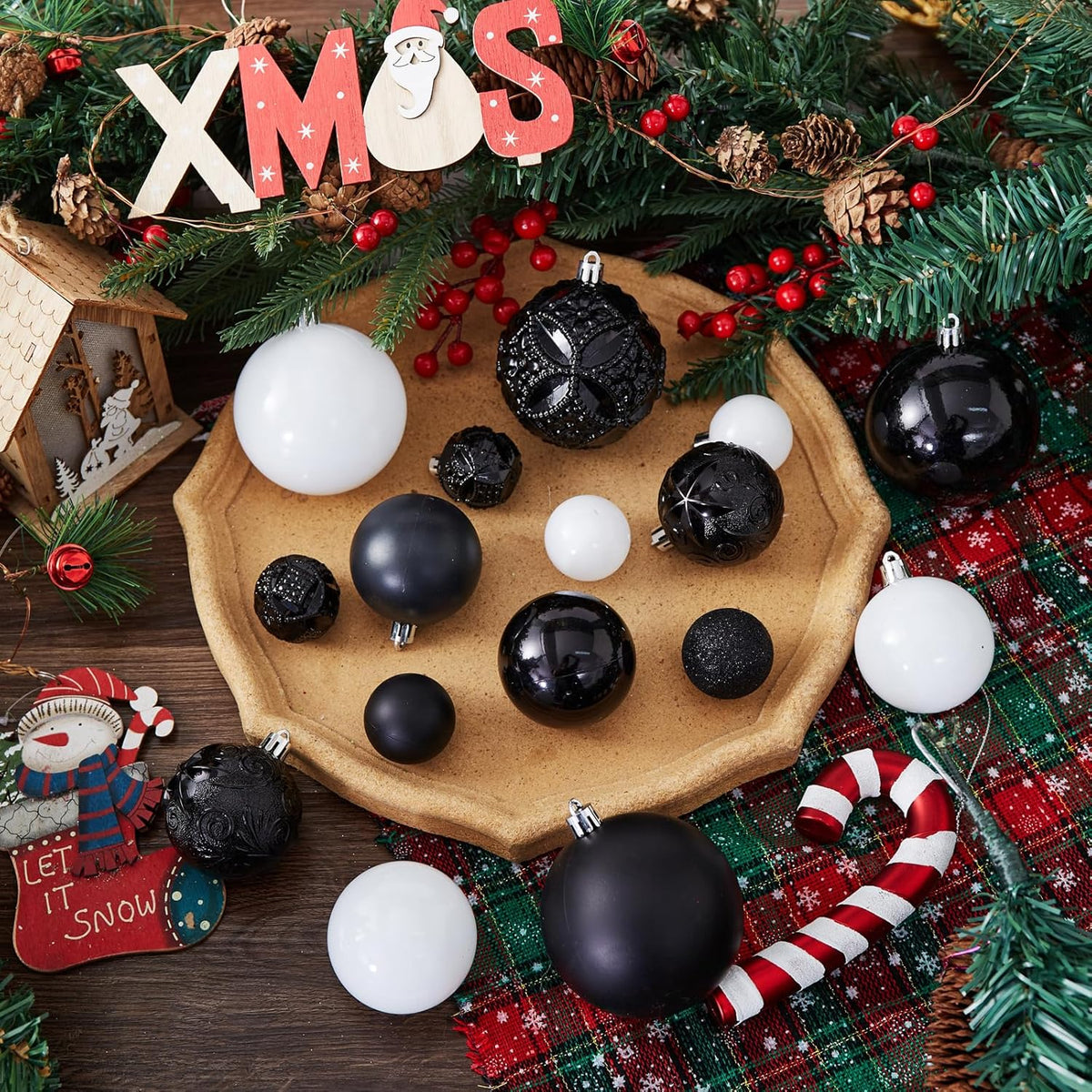 87-Pack Shatterproof Christmas Ball Ornaments Set, Christmas Tree Decorations with Hand-held Gift Package for Xmas Tree Holiday Wedding Party (Black and White)