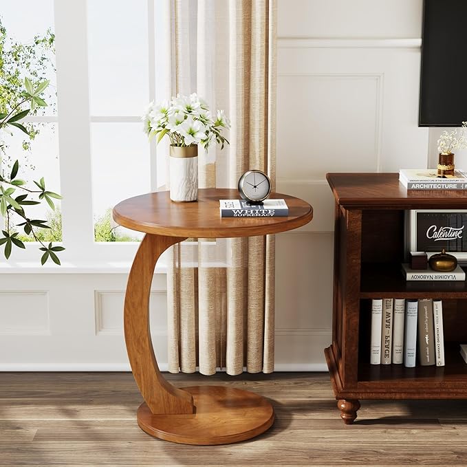 Tribesigns C-Shaped End Table Set of 2, Wooden Round Side Sofa Table, Couch Side Table, Mid-Century Modern End Table, Small Side Table, Boho Side Tray Table for Living Room, Brown