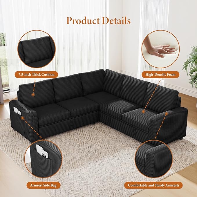 Vesgantti 88.4" Sectional Sleeper Sofa with Pull Out Bed, 5 Seater L Shaped Modular Sectional Couch with Storage, Comfy Corduroy Modular Couch for Living Room, Bedroom, Apartment, Black