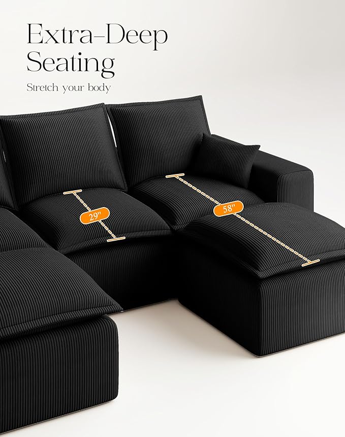 107" Comfy Cloud Couch with U-Shape Chaise & Deep Seat, Modular Sectional Sofa in a Box, Boneless Upholstered Couches for Living Room, No Assembly Required (Soft Corduroy, Black)