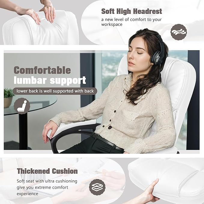 JUMMICO Executive Office Chair High Back Managerial Home Desk Chair, Adjustable Swivel Computer PU Leather Chair with Lumbar Support (White)