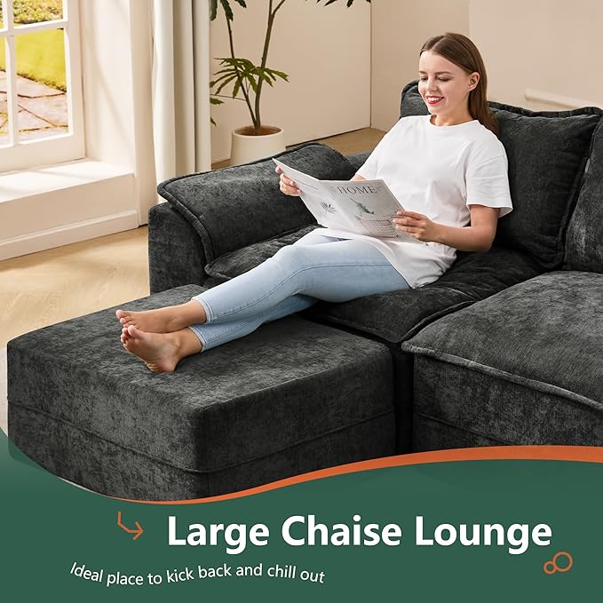 Hobestluk 120" Cloud Modular Sectional Couch 3-Seater Sofa with Ottomans U Shaped Couch Deep Seat Sofa with Removable Cover Large Sofa for Living Room (Dark Grey, 3-Seater Sofa with Two Ottomans)