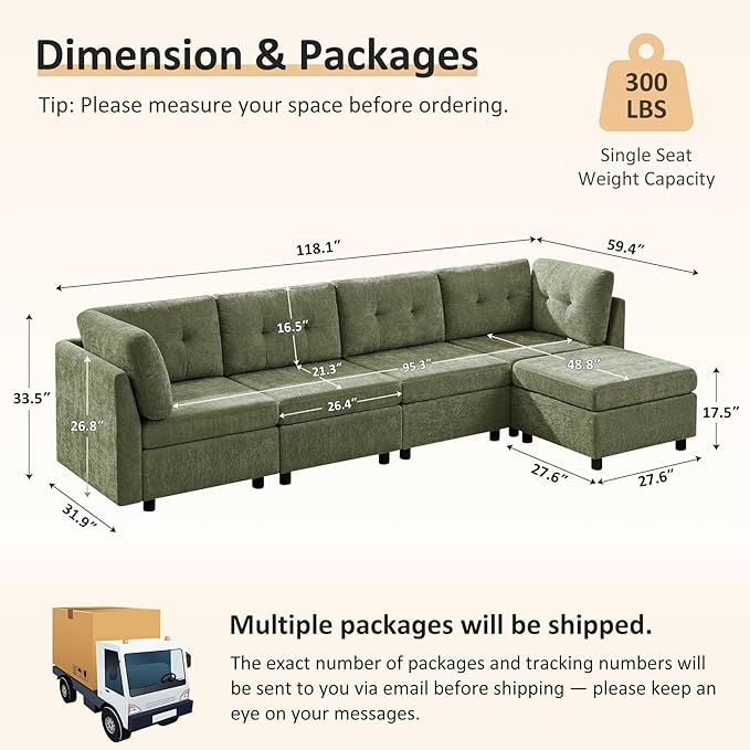 VANOMi 4 Seat Cloud Couches for Living Room with Ottoman, 118" Modular Sectional Sofas & Couches, Cozy Chenille Cloud Sectional Couch Sofa for Apartment, Office, Olive Green, L Shaped