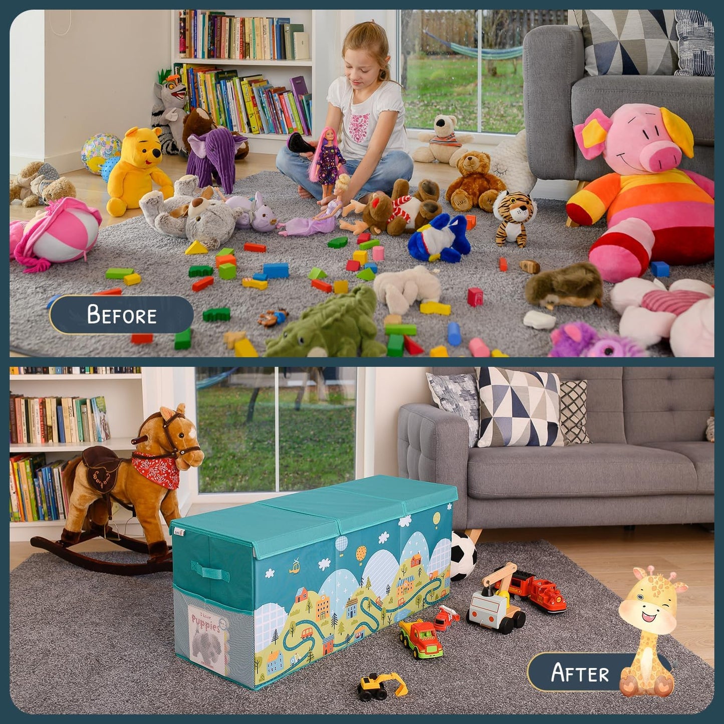 Extra Large Toy Storage Organizer with Lid - Sturdy, Collapsible Toy Chest Storage Box with Cute Design - Toys Bin with Dividers for Kids, Boys, Girls, Nursery, Bedroom, Play room 37"x16"x14"