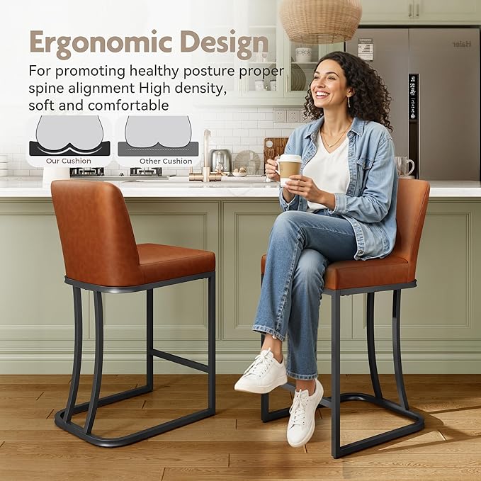 MAISON ARTS Counter Height Bar Stools with Back for Kitchen Counter, 24 Inch Modern Upholstered Faux Leather Barstools Farmhouse Bar Chairs Luxury Island Stools Support 330LBS, Brown