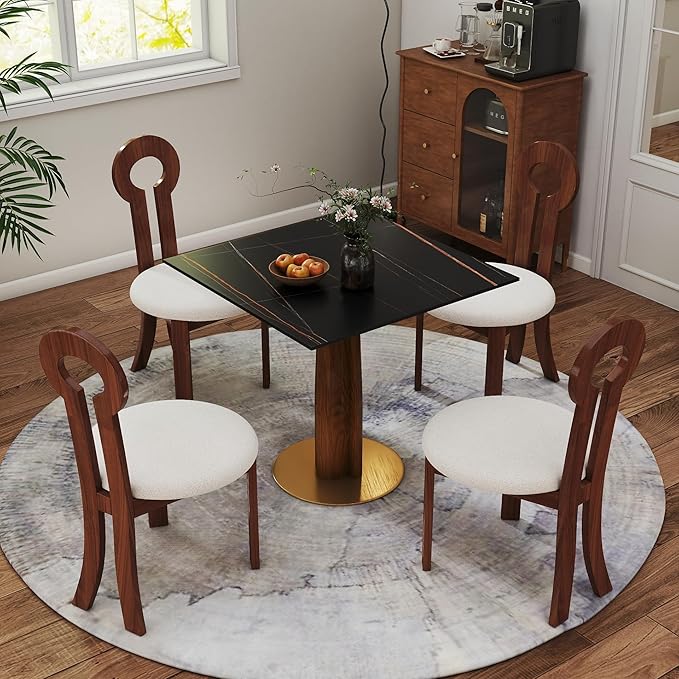 Sintered Stone Square Office Table and Chair Set - Meeting Table for Small Offices (Walnut‌ Leg and Black Top, 1 Table and 4 Chairs)