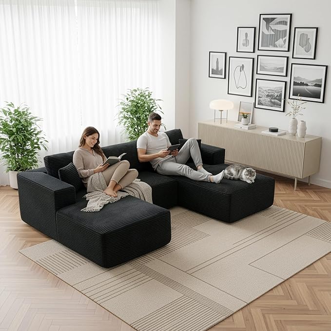 Modular Sectional Cloud Couch for Living Room,Modern Boneless Couche Set with Plush Corduroy,Comfy Floor Sofa with Memory Foam,Stupendous U Shaped Sofa,No Assembly Required,Black