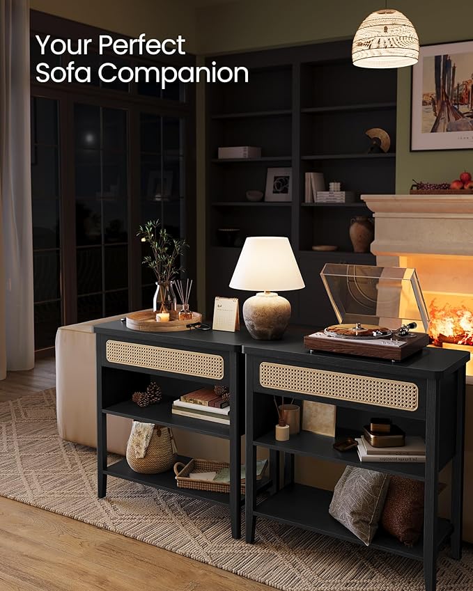 VASAGLE Console Table with Power Outlets, Entryway Table with Storage Shelf, Sofa Table with Drawer, Open Compartment, Rounded Corners, for Living Room, Boho Style, Ash Black ULNT140B21