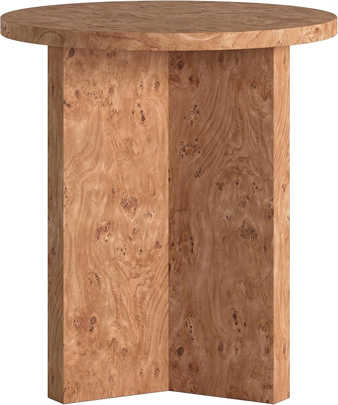 Henn&Hart 20" Scandinavian Round Wooden End Table, Side Table, Nightstand with X-Base for Living Room, Office, Family Room, or Bedroom, Honey Burl