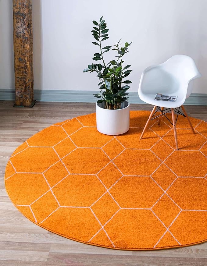 Unique Loom Trellis Frieze Collection Area Rug - Geometric (5' 1" Round, Orange/ Ivory)