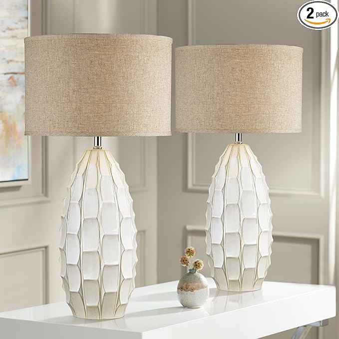 Possini Euro Design Cosgrove 32 3/4" Tall Oval Large Mid Century Modern Coastal End Table Lamps Set of 2 White Ceramic Living Room Bedroom Bedside Nightstand House Beige Shade (Colors May Vary)