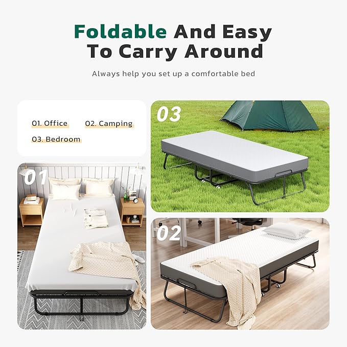 Greenvelly Folding Bed with Mattress,75" x 31" Foldable Beds for Adults, Roll Away-Bed with Mattress and Metal Frame for Home Office,Guest,Living Room