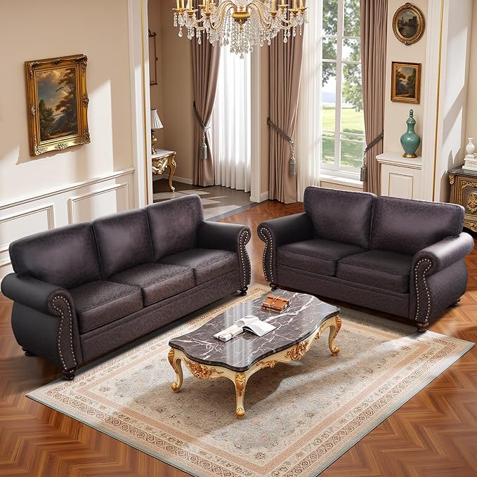 Mid-Century Vintage Sofa Couches with Rivet Design,3-Seater Sofa,Removable Sofa Cover Upholstered Cushions and Solid Wood Frame (Brown, 3-Seater)