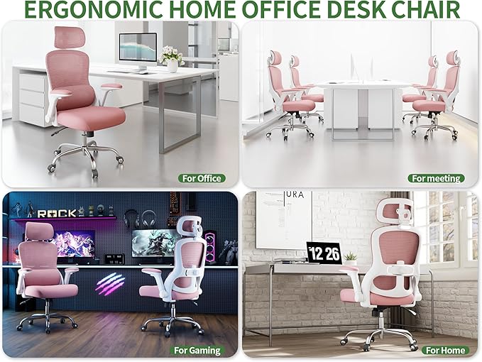 Office Chair Ergonomic Desk Chair, 4000 LBS Home Mesh Office Desk Chairs with Wheels, Computer Chair, Comfortable Gaming Chair with 3D Headrest, High Back Office Chair for Long Hours (Pink)